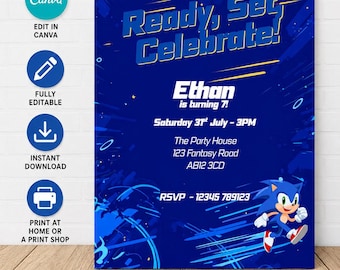 Sonic Birthday Invitation, Editable Sonic the Hedgehog Party Invite, 5x7 Digital Instant Download