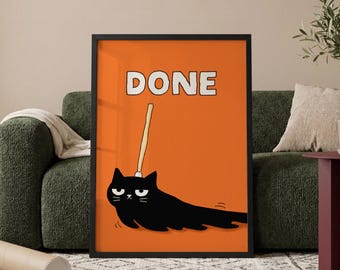 Cuadro de gato negro, gato tumbado, gato soñoliento, listo, regalo para amantes de los gatos, descarga digital