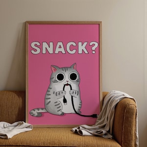 May include: A framed print featuring a cartoon cat with large eyes, holding a black USB cable in its mouth. The background is bright pink with the text "SNACK?" in white. The cat is gray and white, with a playful design.