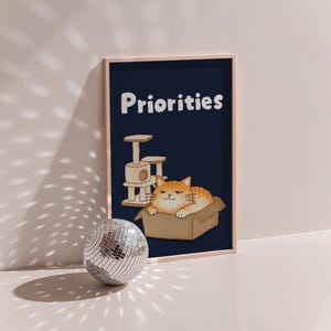Orange Cat Wall Art, Funny Cat in Box, Cat Tree, Priorities, Cat Wall Decor, Digital Download