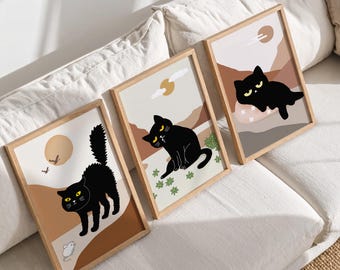 Funny Black Cat Wall Art Set of 3, Playful Cat Moments, Minimalist Cat Print, Digital Download