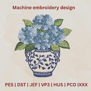 May include: Machine embroidery design featuring a blue and white floral arrangement in a decorative vase. The vase has a blue and white floral pattern. The text "Machine embroidery design" is at the top, and file type abbreviations are at the bottom.