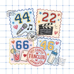 May include: A graphic design featuring four postage stamp-style squares with numbers 44, 22, 66, and 46. Illustrations include a microphone, music note, film clapperboard, cocktail, playing card, and baby bottle, with red circular stamps reading OFF-CAMPUS FANCLUB APPROVED.
