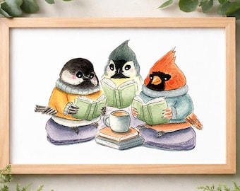 Akvarell konsttryck av fågelbokklubb, mejsa, kardinal, tofsmes, mysig, nyckfull fågelillustration