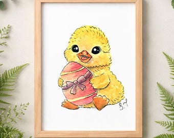 Akvarell konsttryck med påskunge, nyckfull vårillustration, djurdekor