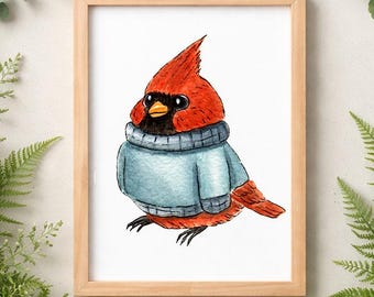 Akvarell konsttryck med kardinaltröja, nyckfull mysig vinterfågelillustration