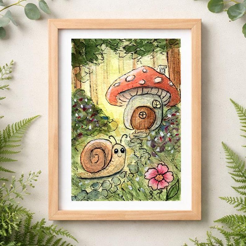 Akvarell konsttryck med snigel och svamp, nyckfull stugfärgad skogsdekor (13x18 cm) Snail Mushroom Home