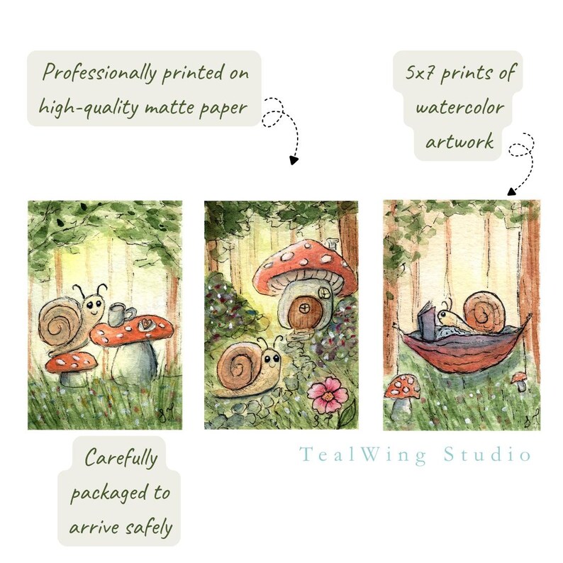Akvarell konsttryck med snigel och svamp, nyckfull stugfärgad skogsdekor (13x18 cm) bild 3