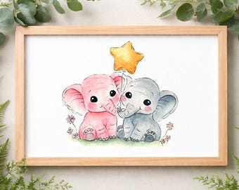 Akvarell konsttryck med elefantunge, nyckfull djurdekoration för barnrum