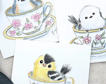 Original Watercolor Bird in Teacup Painting,  Whimsical Cottagecore Hand-Painted Bird Art, Bluebird, Robin, Nuthatch, Tufted Titmouse