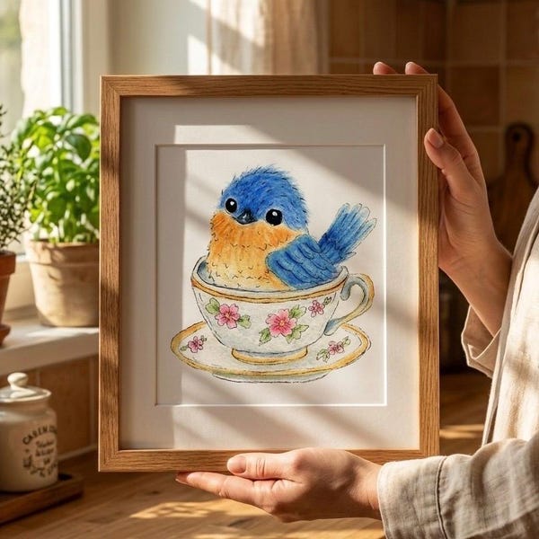 Bluebird in Teacup Watercolor Art Print, Cozy Cottagecore Bird Illustration, Whimsical Kitchen Decor