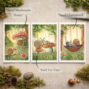 Akvarell konsttryck med snigel och svamp, nyckfull stugfärgad skogsdekor (13x18 cm) bild 7