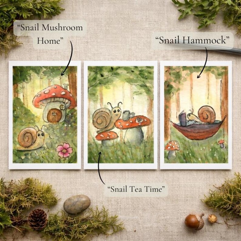 Akvarell konsttryck med snigel och svamp, nyckfull stugfärgad skogsdekor (13x18 cm) bild 7