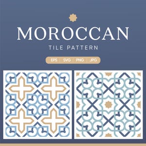 Könnte beinhalten: Digitales Design mit zwei marokkanischen Fliesenmustern in Blau, Beige und Weiß. Der Text "MOROCCAN TILE PATTERN" steht über den Mustern, darunter Optionen für Dateitypen.