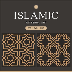 Può includere: Un'immagine con la scritta "ISLAMIC PATTERNS ART" in bianco su sfondo scuro. Sotto, due disegni di motivi geometrici dorati su sfondo scuro. L'immagine include anche le opzioni di tipo di file: EPS, SVG e PNG.