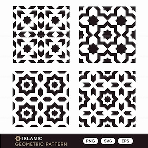 May include: Four black and white geometric Islamic patterns. Each pattern is a square with repeating shapes, including stars and arrows. The bottom of the image has the text "Islamic Geometric Pattern" and file type icons.