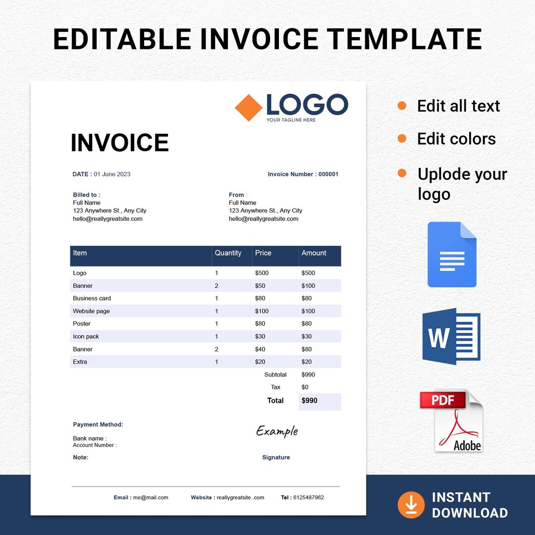 Editable Invoice Template | Professional Invoice Design | Word, Google ...