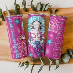 May include: Three pink Gwen Stacy Coffee tumblers with a cartoon Spider-Gwen design. The tumblers feature a spider web, a blue star, and the words "Gwen Stacy Coffee" and "Decal, Shots, Syrup, Milk, Custom, Drink" in white.