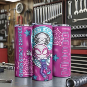 May include: Three pink insulated tumblers with a Gwen Stacy theme. One tumbler reads "GWEN STACY COFFEE" with a spiderweb design. Another features a cartoon illustration of Gwen Stacy. The third has a drink customization menu.