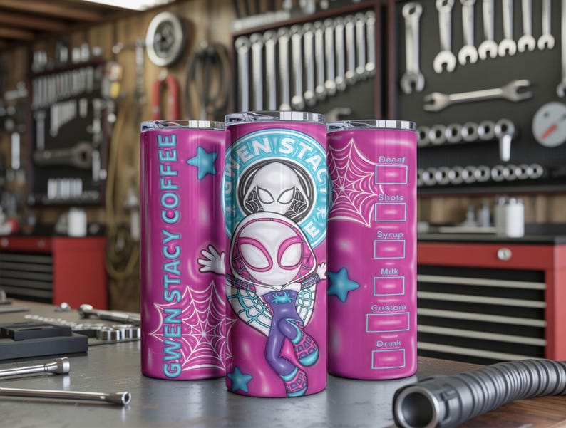 May include: Three pink insulated tumblers with a Gwen Stacy theme. One tumbler reads "GWEN STACY COFFEE" with a spiderweb design. Another features a cartoon illustration of Gwen Stacy. The third has a drink customization menu.