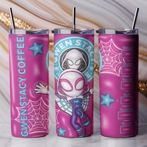 May include: A pink stainless steel tumbler featuring a Gwen Stacy Coffee design. The tumbler has a black straw and a design that includes a spider web, stars, and the words "Gwen Stacy Coffee". The center of the tumbler features a cartoon image of Gwen Stacy.