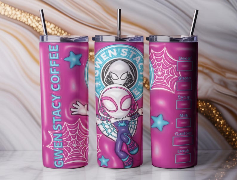 May include: A pink stainless steel tumbler featuring a Gwen Stacy Coffee design. The tumbler has a black straw and a design that includes a spider web, stars, and the words "Gwen Stacy Coffee". The center of the tumbler features a cartoon image of Gwen Stacy.