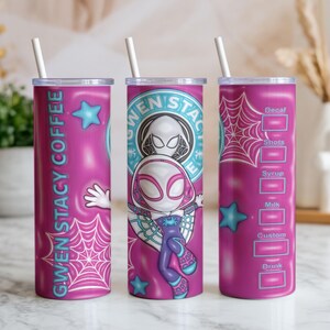 May include: A set of three pink insulated tumblers with white straws. The tumblers feature designs related to Gwen Stacy, including a spider web, a star, and the text "GWEN STACY COFFEE". One tumbler has a drink customization chart.
