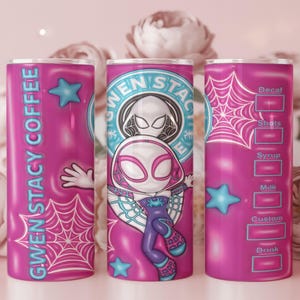May include: A set of three pink insulated tumblers featuring a Gwen Stacy Spider-Woman design. One tumbler has the text "GWEN STACY COFFEE", another has a character illustration, and the third has a drink customization chart. Each tumbler has a web design.