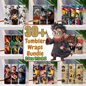 May include: A bundle of 30+ tumbler wraps featuring various designs. The wraps showcase images of characters, symbols, and scenes from a popular fantasy series. The text "30+ Tumbler Wraps Bundle 20oz 9.3x8.2" is also visible.