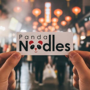 Puede incluir: Una persona sostiene un letrero rectangular blanco con las palabras "Panda Noodles" en negro y rojo. El letrero presenta una cara de panda en la letra "O". El fondo muestra una escena callejera con faroles rojos y gente.