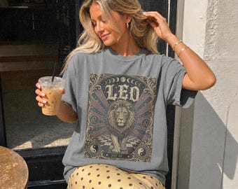 Koszulka z napisem „Leo Zodiac”, spersonalizowana koszulka z datą urodzenia i tarota, mistyczna koszulka z astrologią lwa, koszulka Comfort Colors® ze znakiem zodiaku