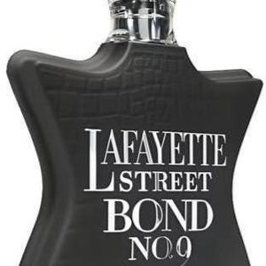 May include: Black perfume bottle with a unique shape and a black cap. The bottle has the text "LAFAYETTE STREET BOND NO.9" in white. The bottle has a textured surface and a clear glass neck.