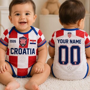 Personalized Croatia Soccer Baby Bodysuit 2026, Custom Name Football Jersey Onesie,Vibrant All-Over Print, Newborn Fan Gift,Baby Shower Gift image 1