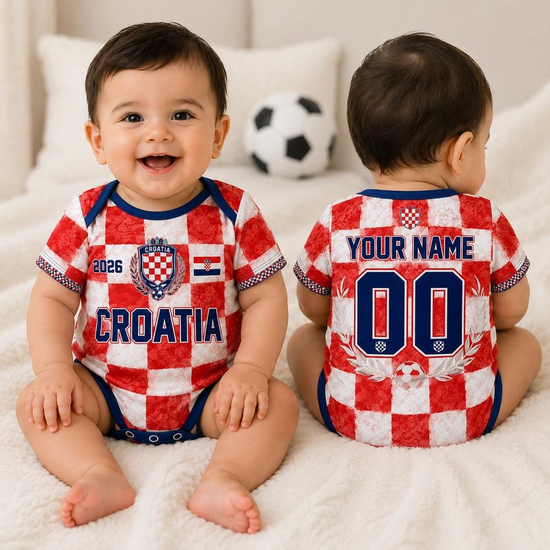 May include: A baby bodysuit featuring a red and white checkered pattern inspired by the Croatian flag. The front displays the text CROATIA and 2026 with a crest. The back shows the text YOUR NAME and the number 00 in dark blue lettering.