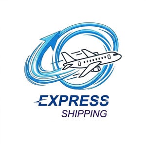 Puede incluir: Un logotipo con un avión estilizado en blanco y negro, rodeado por un remolino azul con una flecha hacia arriba. Las palabras "EXPRESS SHIPPING" están escritas en azul debajo.
