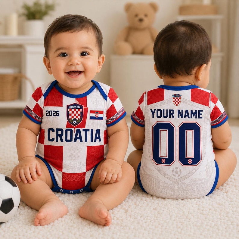 Personalized Croatia Soccer Baby Bodysuit 2026, Custom Name Football Jersey Onesie,Vibrant All-Over Print, Newborn Fan Gift,Baby Shower Gift image 1