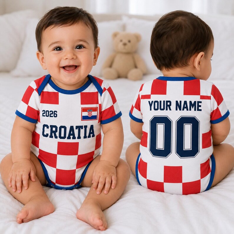May include: A baby bodysuit featuring a red and white checkered pattern, blue trim, and the text CROATIA and 2026 on the front. The back displays the text YOUR NAME and the number 00 in dark blue lettering. The design includes a small Croatian flag.