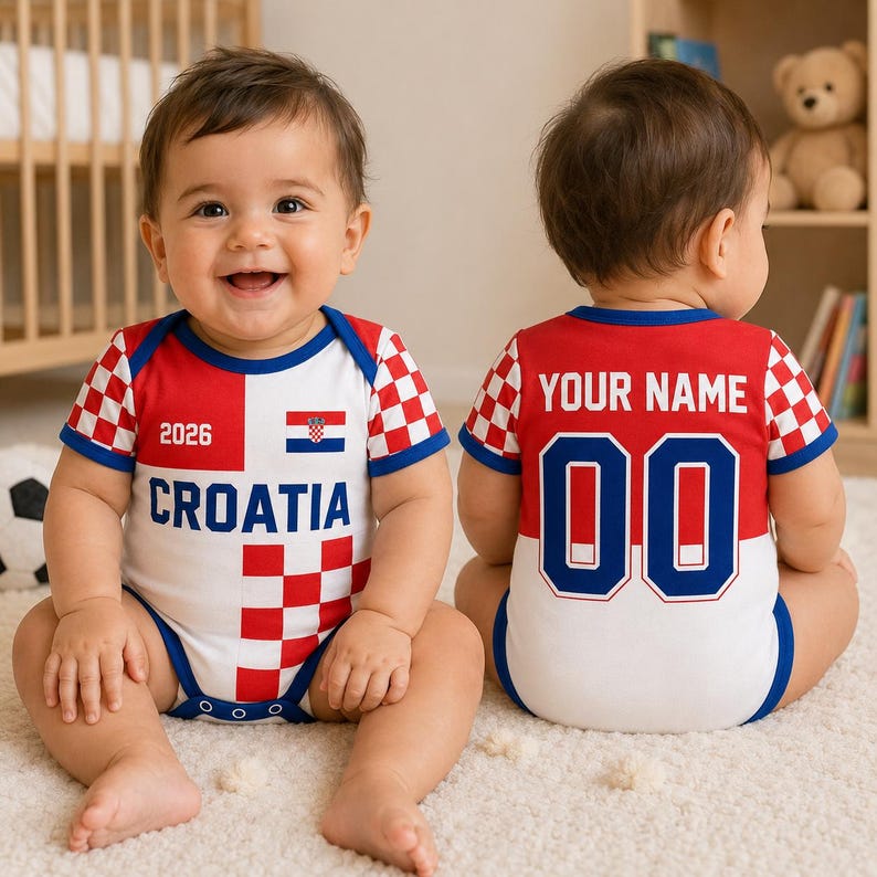 May include: A baby bodysuit featuring a red and white checkered pattern, the text CROATIA, the number 2026, and a Croatian flag on the front. The back displays the text YOUR NAME above the number 00, with blue trim on the sleeves and neckline.