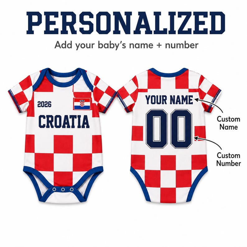May include: A short-sleeved baby bodysuit featuring a red and white checkered pattern. The front displays the text 2026, the word CROATIA, and a small Croatian flag. The back shows the text YOUR NAME and the number 00 with arrows pointing to them.