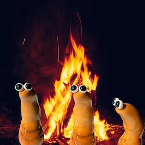 May include: Three tan, slug-like ceramic figurines with smooth, glossy surfaces and prominent, round, black and white googly eyes. Each figure has a segmented, curved body shape and is positioned against a background of a bright, orange-yellow campfire.