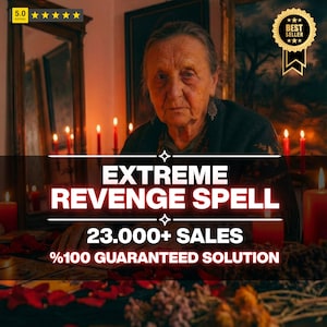 Può includere: Una donna anziana è al centro dell'immagine, ambientata in una stanza scarsamente illuminata con candele e specchi. Il testo "EXTREME REVENGE SPELL" è visualizzato, insieme a "23.000+ SALES" e "%100 GUARANTEED SOLUTION". È visibile un badge "Best Seller".
