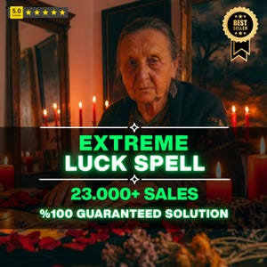 May include: An elderly woman is the focal point of this image, with the text "EXTREME LUCK SPELL" in green. The image also includes the text "23.000+ SALES" and "%100 GUARANTEED SOLUTION". Red candles and a "BEST SELLER" badge are also visible.