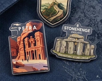 Wahrzeichen der Reise Pins Set - Petra Jordan, Great Wall China & Stonehenge England Acryl Rucksack Sammlung