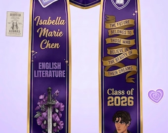 Estola de graduación personalizada Clase de 2026, Banda con nombre personalizado, Estola de graduación de Literatura Inglesa, Estola de último año púrpura y dorado, Graduación universitaria