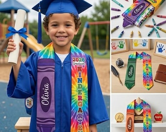 Personalisierte Kindergarten-Abschluss-Schärpe, benutzerdefinierte Buntstift-Abschluss-Stola, Vorschul-Abschluss-Geschenk, Klasse von 2026 Tie Dye-Abschluss-Stola