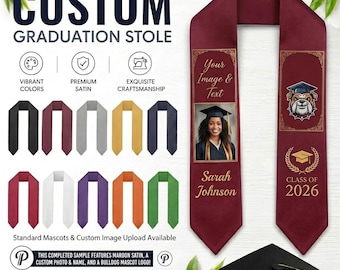 Benutzerdefinierte Abschluss Stola, personalisierte Abschluss Schärpe mit Foto und Logo, Name Abschluss Stash, Klasse von 2026 Stola, kundenspezifische Universitäts Schärpe