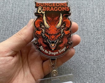 Custom Dungeons & Dragons Dragon Slayer Badge Reel, roter Drache Acryl Ausweishalter, Fantasy Gamer Geschenk, DnD Accessoires, Nerd Büro Ausrüstung!