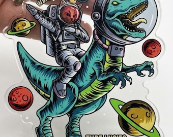 Lustiger Astronaut Katze Reit Dinosaurier Acryl Schlüsselbund, 2-seitiger Raum Dino Charme, nettes doppelseitiges Schlüsselring-Geschenk für Sci-Fi Liebhaber