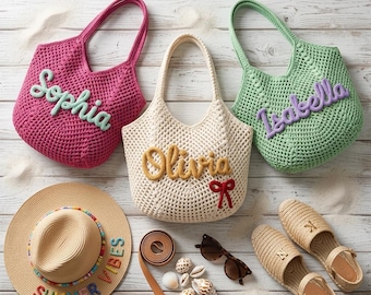Personalisierte häkeln Strandtasche, Benutzerdefinierte Name Einkaufstasche, Sommerferien Tasche für Frauen, handgefertigte Stil Pool Tote, Brautjungfer Strand Geschenktasche