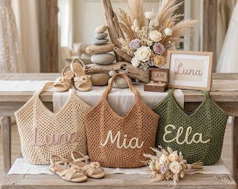 Personalisierte häkeln Einkaufstasche, Name Strandtasche, handgemachte Netztasche, Boho Sommer Markt Tote, Geschenk für Frauen Mutter Freund